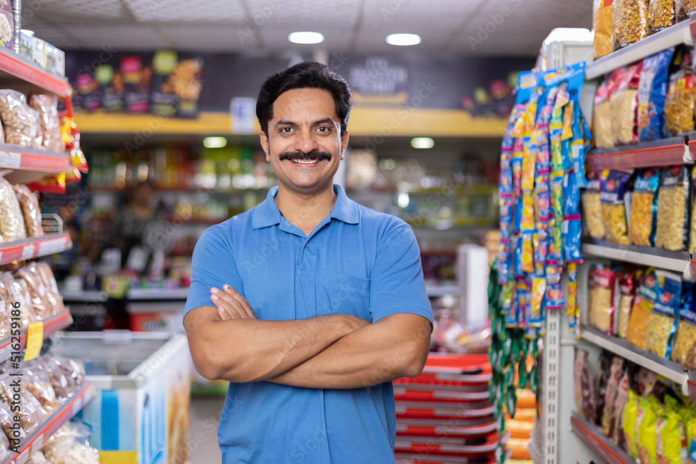 Man at grocery store products Man at grocery store products
