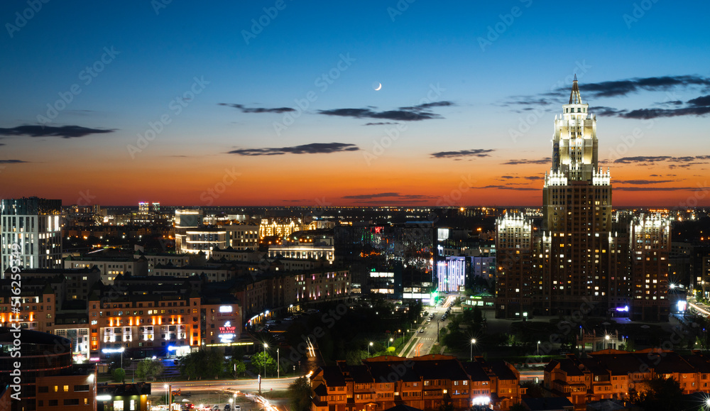 Nur-Sultan, Kazakhstan, July , 2022. City buildings of the capital against the backdrop of the sunset. High quality photo