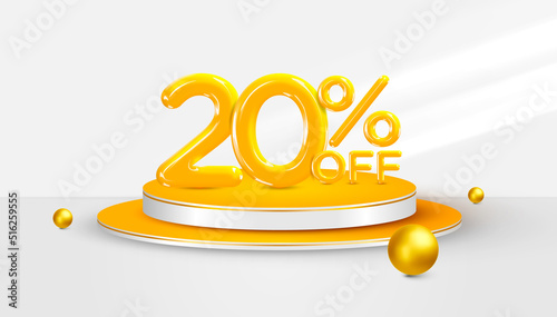 20 percent Off. 3d Twenty percent bonus symbol on a podium stage. Sale banner or poster design. Vector illustration.