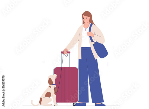 Concept of traveling with pets. Young woman with suitcase, dog next to her.