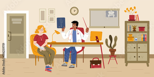 Injured female patient with broken arm at doctor medical appointment. Traumatologist presenting xray picture with hand fracture to woman in hospital, healthcare concept Linear flat vector illustration