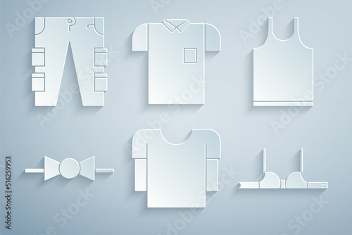 Set Long sleeve shirt, Sleeveless T-shirt, Bow tie, Bra, Polo and Cargo pants icon. Vector