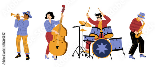 Jazz band vibe, artists performing music on stage. Men and woman playing on instruments drum, saxophone, trumpet and double bass. Musical concert, performance, show, Line art flat vector illustration
