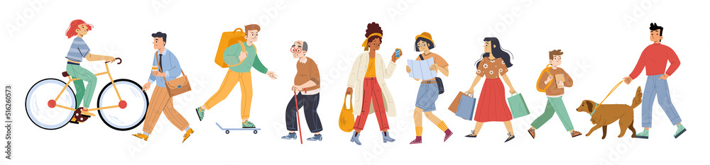 Φωτογραφία Diverse pedestrian walk, passerby people tourist with bag, businessman, teenager