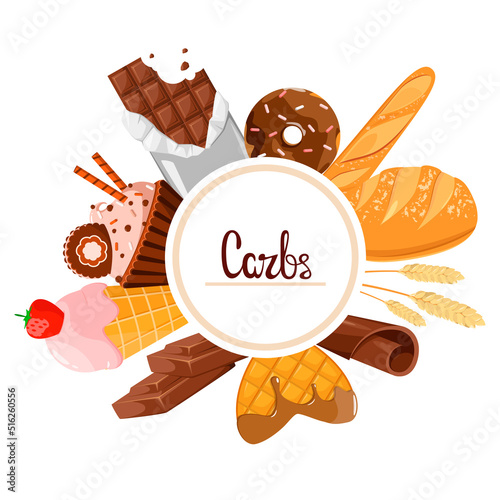 Carbohydrates. Sweet and flour products. Cartoon design.