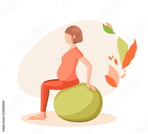 A pregnant woman on a fit ball. Healthy lifestyle. Cartoon design.
