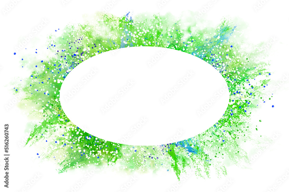 colorful abstract oval frame of paint spatter on white background in green blue and purple colors, paint brush strokes and color splash pattern in party invitation or border design colorful abstract oval frame of paint spatter on white background in green blue and purple colors, paint brush strokes and color splash pattern in party invitation or border design