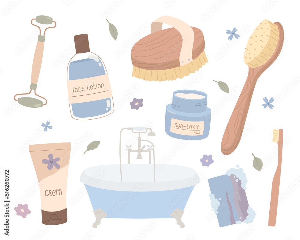 Set of items on the topic of body care, hygiene, skin care and spa treatments. Set of items on the topic of body care, hygiene, skin care and spa treatments.