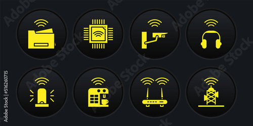 Set Smart flasher siren, headphones, coffee machine, Router and wi-fi signal, security camera, Processor with microcircuits CPU, Wireless antenna and printer icon. Vector