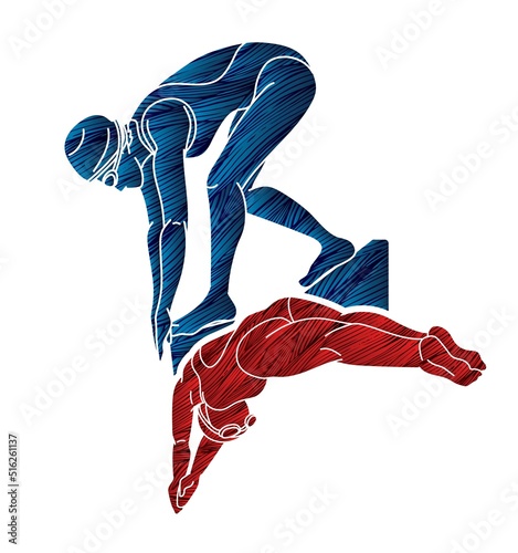 Group of People Swimming Together Swimmer Action Cartoon Sport Graphic Vector