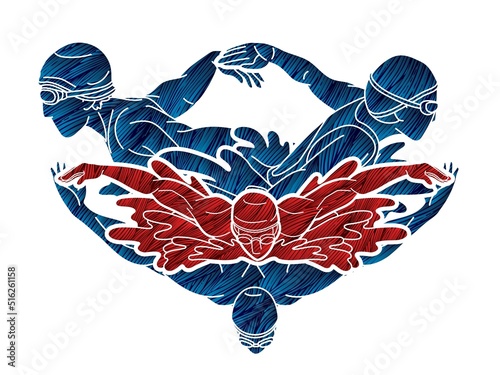 Group of People Swimming Together Swimmer Action Cartoon Sport Graphic Vector