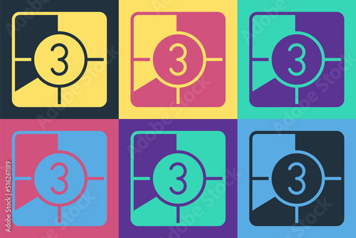 Pop art Old film movie countdown frame icon isolated on color background. Vintage retro cinema timer count. Vector