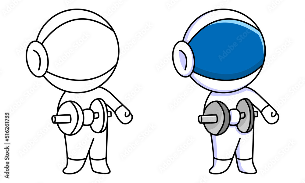 cute astronaut with dumbbell coloring page for kids