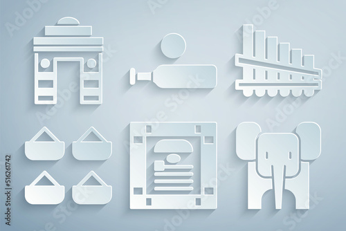 Set India constitution day, Pan flute, Indian spice, Elephant, Wood cricket bat and ball and Gate in Delhi icon. Vector