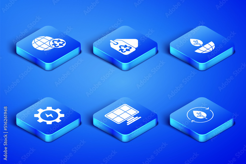 Set Recycle and leaf, Planet earth recycling, Solar energy panel, Gear lightning, Tag with recycle and Earth globe plant icon. Vector Set Recycle and leaf, Planet earth recycling, Solar energy panel, Gear lightning, Tag with recycle and Earth globe plant icon. Vector