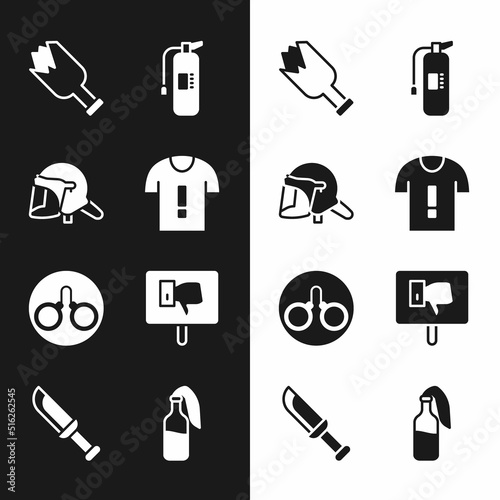 Set T-shirt protest, Police helmet, Broken bottle as weapon, Fire extinguisher, Handcuffs, Protest, Cocktail molotov and Military knife icon. Vector