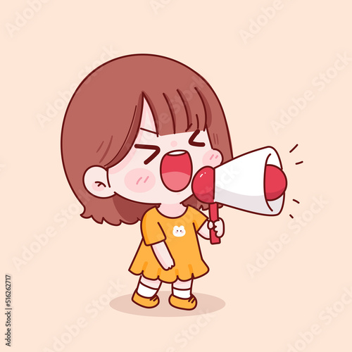 Cute kid girl holding megaphone hand drawn cartoon character illustration