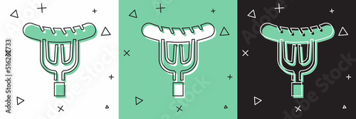 Set Sausage on the fork icon isolated on white and green, black background. Grilled sausage and aroma sign. Vector