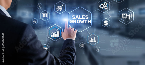 Sales Growth Man clicks inscription on virtual 3D screen