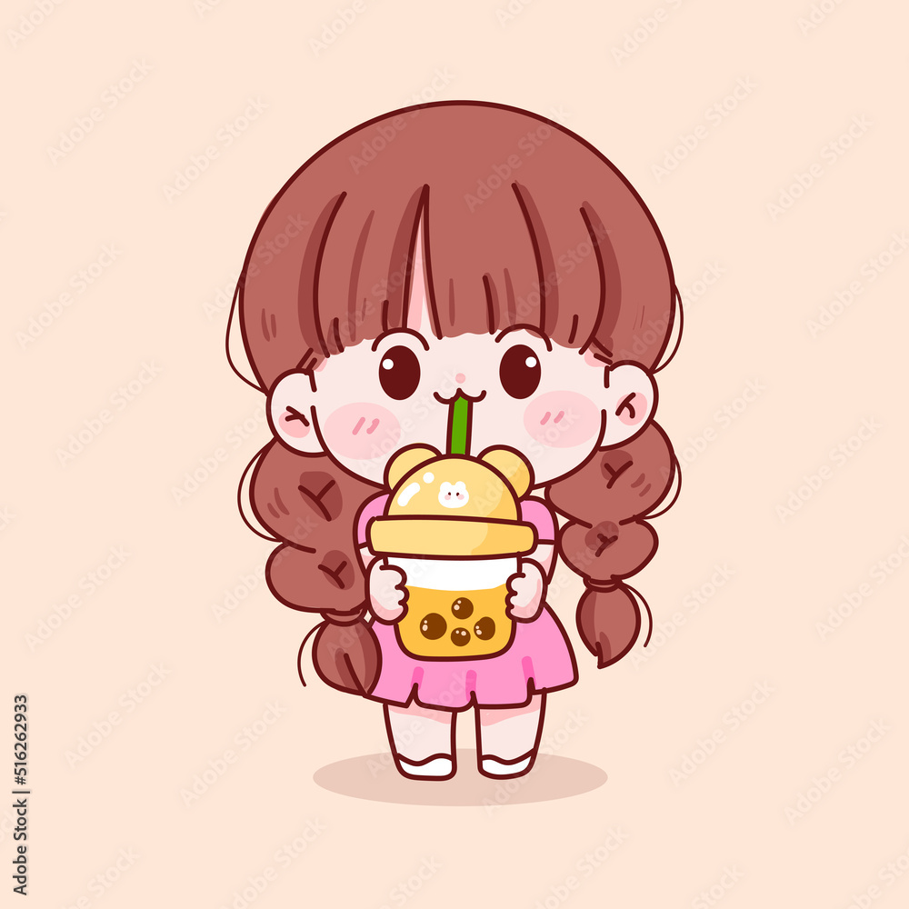 Cute kid girl holding bubble milk tea hand drawn cartoon character illustration Cute kid girl holding bubble milk tea hand drawn cartoon character illustration