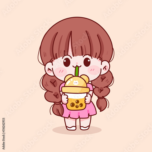 Cute kid girl holding bubble milk tea hand drawn cartoon character illustration