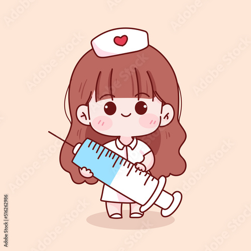 Cute kid girl in nurse uniform holding syringe hand drawn cartoon character illustration