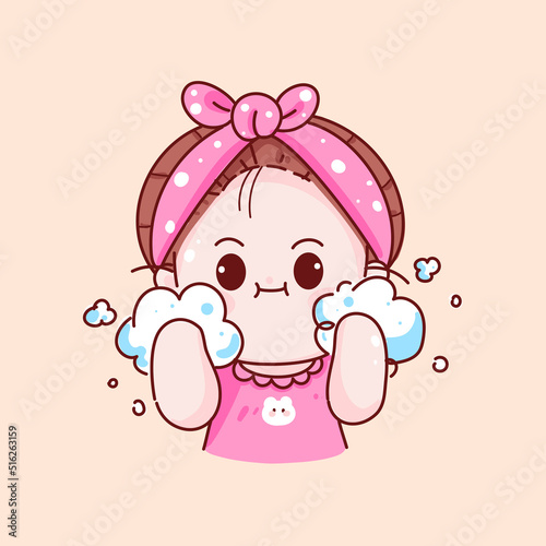 Cute kid girl wash face hand drawn cartoon character illustration
