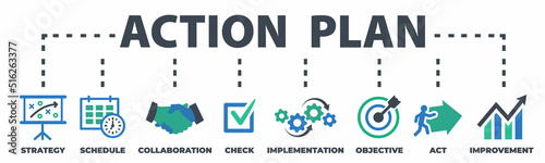 ACTION PLAN. Concept with icons and signs.