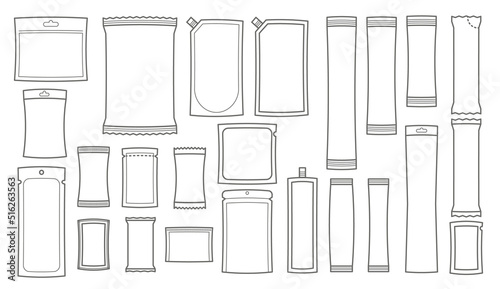 Set of sachet icons. Stick packaging template for sugar, pepper, souse, medicine, tissue and food. Vector