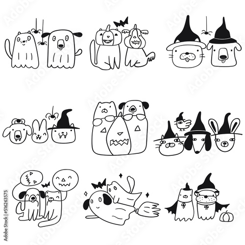Cat and dog wearing costumes on Halloween. Set of outline icons. Vector illustrations on white background.