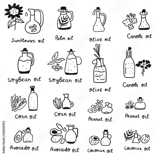 Cooking oils. Set of outline icons. Vector hand drawn illustrations on white background.