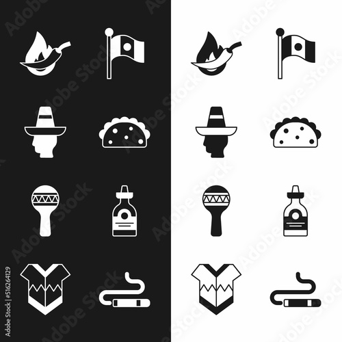 Set Taco with tortilla, Mexican man sombrero, Hot chili pepper pod, Mexico flag, Maracas, Tequila bottle, Cigar and Poncho icon. Vector