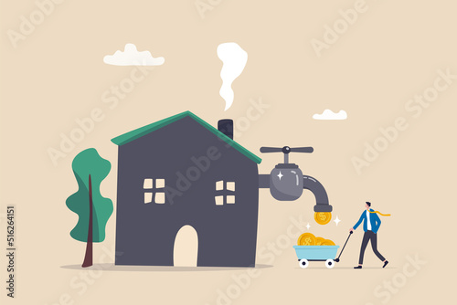 Make money from house rent or sale, real estate or property investment, housing revenue or profit earning, residential concept, rich businessman get money profit from faucet flow from house rental.