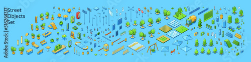 Street objects set with isometric trees, road signs, traffic lights, hotel and restaurant signboards. Vector illustration of park and cafe objects, lanterns, vending machines, sweeper and solar panels photo