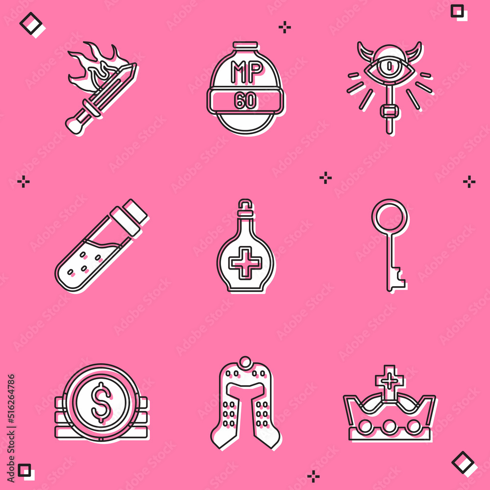 Set Sword for game, Video bar, Magic staff, Bottle with potion, Old key, Ancient coin and Medieval helmet icon. Vector