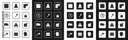 Set Phone with emergency call 911, Burning match fire, No, Ringing alarm bell, Flasher siren, Traffic cone, Electric wiring of socket and Water delivery truck icon. Vector