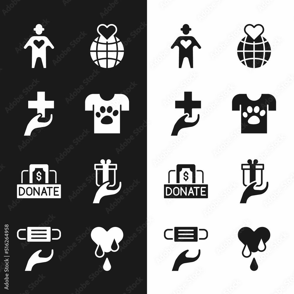 Set Animal volunteer, Heart with cross, Volunteer, Hand holding Earth globe, Donation charity, Give gift, Blood donation and Medical protective mask icon. Vector Set Animal volunteer, Heart with cross, Volunteer, Hand holding Earth globe, Donation charity, Give gift, Blood donation and Medical protective mask icon. Vector