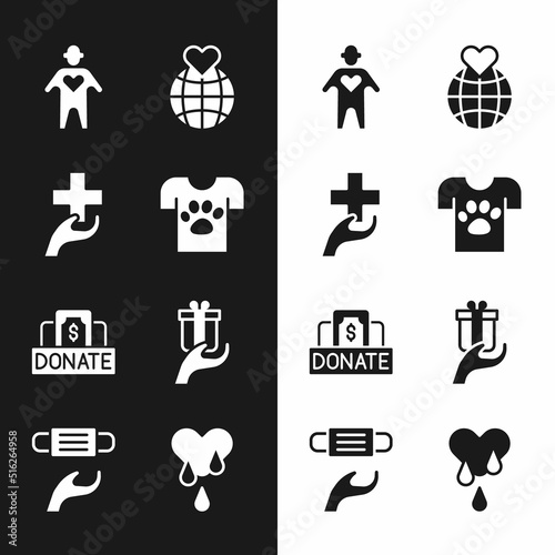 Set Animal volunteer, Heart with cross, Volunteer, Hand holding Earth globe, Donation charity, Give gift, Blood donation and Medical protective mask icon. Vector