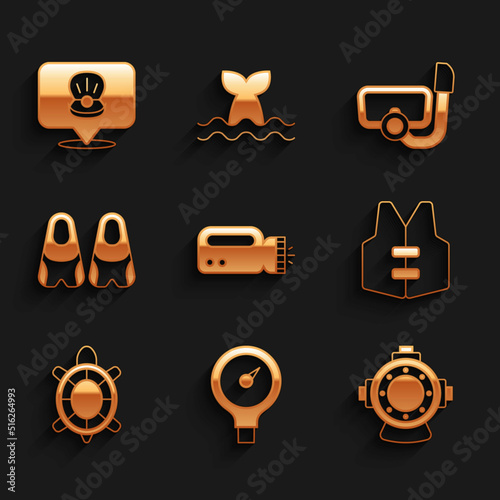 Set Flashlight for diver, Gauge scale, Aqualung, Life jacket, Turtle, Flippers swimming, Diving mask with snorkel and Scallop sea shell icon. Vector