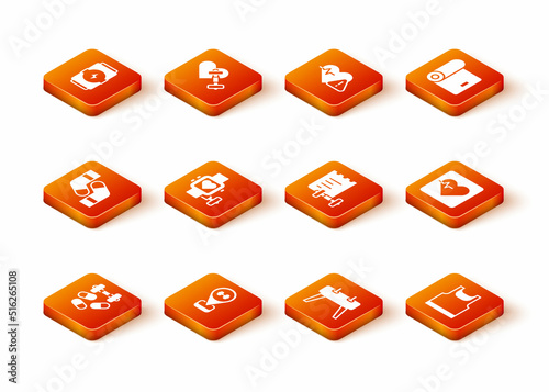 Set Sports doping with dumbbell, Location gym, Socks, Smart watch heart, Pommel horse, training program, Sleeveless t-shirt and Heart rate icon. Vector