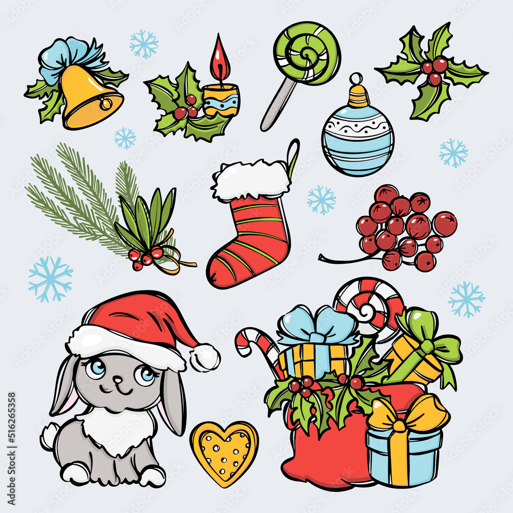 HAPPY NEW YEAR SET COLOR LINE Christmas Decoration Set With Cute Rabbit In Santa Hat Holiday Gifts Sweets Berries Bell Christmas Branch Lollipop And Sock
