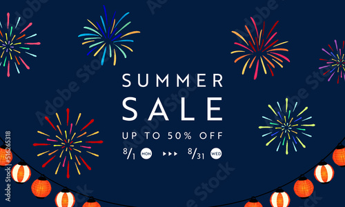 花火と提灯が夜空を照らすサマーセール広告テンプレート　Summer sale advertising template with fireworks and lanterns illuminating the night sky