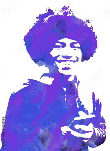mottled purple and blue watercolor effect vector of handsome African-American teenager with natural hair smiling and holding phone.