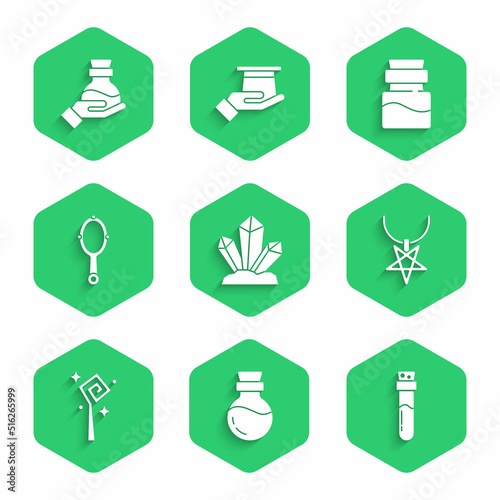Set Magic stone, Bottle with potion, Pentagram necklace, staff, hand mirror, and icon. Vector