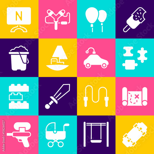 Set Skateboard, Pirate treasure map, Puzzle pieces toy, Balloons, Toy boat, Sand in bucket, Smart Tv and Radio controlled car icon. Vector
