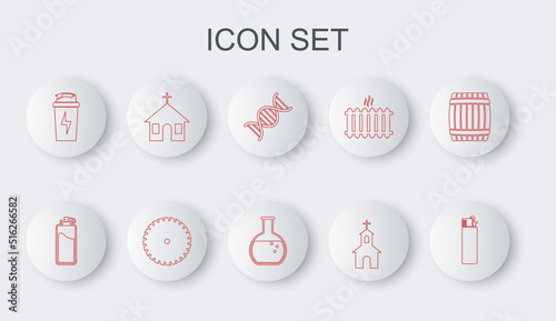 Set line Lighter, Sport bottle with water, DNA symbol, Church building, Fitness shaker, Circular saw blade and Test tube and flask icon. Vector