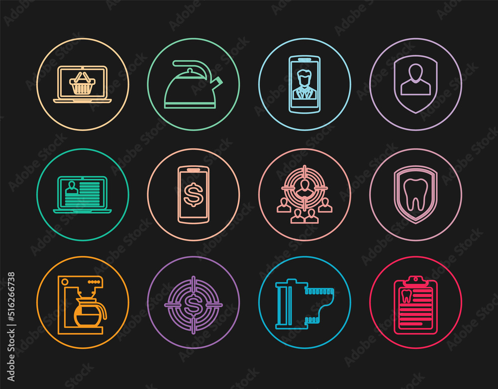 Set line Clipboard with dental card, Dental protection, Smartphone contact, dollar, Laptop resume, Shopping basket laptop, Marketing target strategy and Kettle handle icon. Vector Set line Clipboard with dental card, Dental protection, Smartphone contact, dollar, Laptop resume, Shopping basket laptop, Marketing target strategy and Kettle handle icon. Vector
