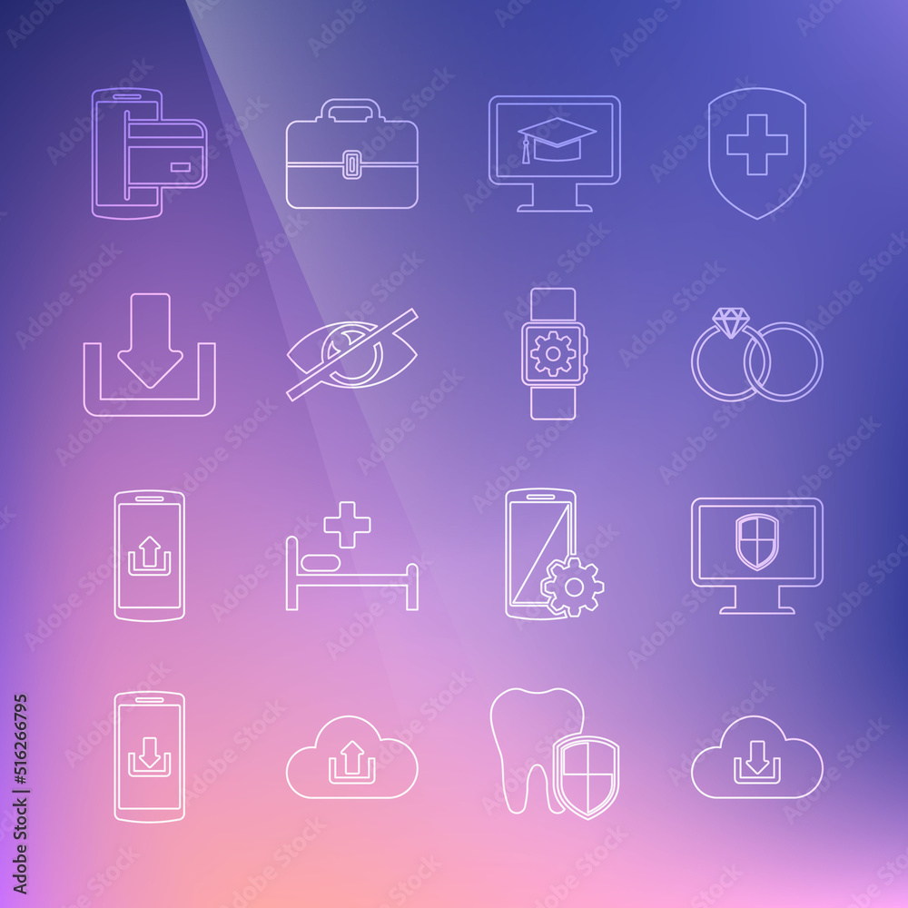 Set line Cloud download, Monitor and shield, Wedding rings, with graduation cap, Invisible hide, Download, NFC Payment and Smartwatch setting icon. Vector