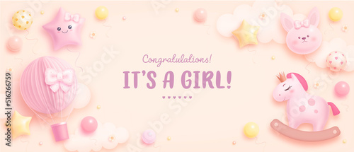 Baby shower horizontal banner with cartoon rabbit, hot air balloon, helium balloons and horse on beige background. It's a girl. Vector illustration