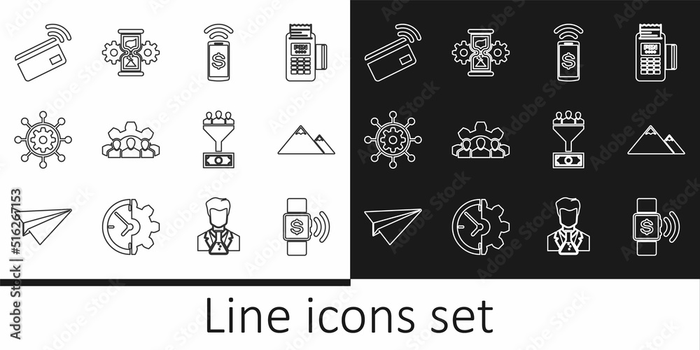 Set line Contactless payment, Mountains, Project team base, management, Lead and Hourglass and gear icon. Vector